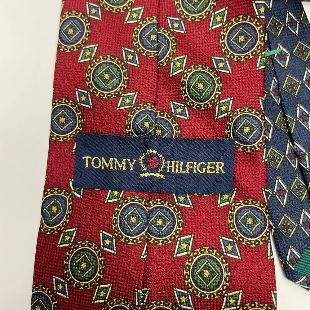 Tommy Hilfiger | 100% Silk Red Green & Blue Circular Print Tie - Picture 2 of 3